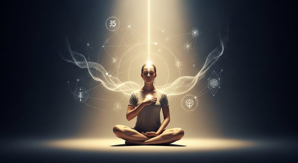 A deeply cinematic spiritual scene representing true devotion and inner healing. A lone human figure sits in stillness, eyes gently closed, posture calm and surrendered. The environment is vast and minimal — neither temple nor home — a timeless sacred space. Soft golden-white light slowly descends from above, not as a god figure, but as divine presence and awareness. The light gently touches the heart and forehead, symbolizing bhakti and surrender. Around the subject, subtle ethereal patterns begin to appear — translucent flowing symbols, soft geometric energy lines, ancient cosmic textures — representing the Akashic path opening. These elements feel alive yet gentle, moving like breath or memory, not magic or fantasy. The atmosphere communicates healing: emotional weight dissolving, inner wounds releasing quietly. Shadows soften, tension leaves the body. Colors transition from deep blues and charcoal greys into warm gold, soft amber, and calm ivory tones. Cinematic depth of field, slow camera push-in feeling, volumetric light rays through subtle mist. Ultra-realistic skin textures, soft film grain, sacred silence mood. No religious idols, no symbols — only devotion as awareness. ARRI Alexa cinematic look, anamorphic lens feel, 8K resolution, masterpiece quality, meditative, profound, timeless, spiritually grounded.