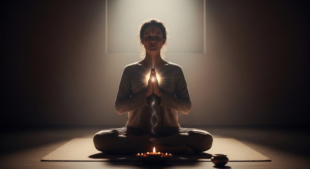 A quiet, cinematic spiritual scene expressing true bhakti beyond external ritual.
A human figure stands or sits in complete stillness, eyes softly closed, hands relaxed — no prayer pose, no folded hands, no symbols.
The environment is minimal and timeless, neither temple nor home — an inner space.
A gentle, invisible shift is felt:
the body language shows surrender, trust, and openness rather than effort.
Soft, natural light flows toward the heart area, subtle and warm, as if awareness itself is responding to devotion.
No incense, no lamps, no idols — only presence.
The air feels lighter, emotions softened, inner resistance dissolving.
Shadows around the subject slowly fade, suggesting release of fear, guilt, and ego.
Colors are calm and grounded — warm neutrals, soft gold, muted earth tones.
Cinematic depth of field, slow camera stillness, volumetric light barely visible in the atmosphere.
Ultra-realistic textures, gentle film grain, sacred silence mood.
The scene communicates that bhakti is not action, but inner alignment.
ARRI Alexa cinematic look, anamorphic lens feel, 8K resolution, masterpiece quality, meditative, truthful, profound.