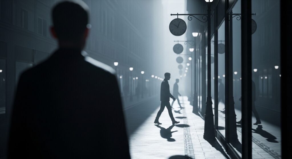A cinematic, psychological-spiritual scene focused on subtle repetition.
A lone human figure in the foreground, slightly out of focus, standing still.
In the background, quiet repeating patterns emerge — looping shadows on walls, identical silhouettes passing again and again, reflections repeating unnaturally in glass surfaces.
Street lights flicker in the same rhythm, clock shadows subtly cycling, footsteps implied through repeating visual motion.
The repetition is quiet, almost invisible at first — nothing dramatic, just unsettling familiarity.
Colors are muted: cold greys, desaturated blues, soft blacks.
The atmosphere feels meditative, introspective, and slightly unsettling.
Camera remains steady, cinematic framing with deep depth of field.
Soft volumetric light cuts through dust particles in the air.
Subtle film grain, ultra-realistic textures.
The scene communicates unconscious routine, unseen cycles, and silent patterns shaping life.
ARRI Alexa cinematic look, anamorphic lens feel, smooth lighting gradients, 8K resolution, masterpiece quality, slow psychological tension, spiritual undertone.