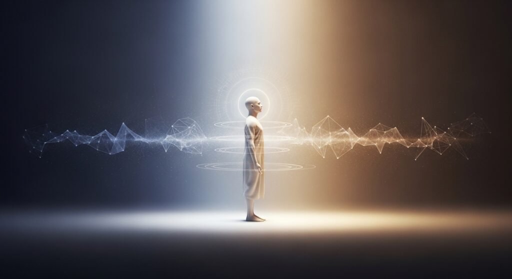 A refined cinematic spiritual scene presenting surrender as conscious intelligence, not emotional collapse. A single human subject is shown in composed stillness, posture upright yet relaxed, breath steady, expression neutral and grounded. There is no sign of helplessness — only clarity and trust. The environment is minimal and timeless, abstracted from any religious or cultural setting, suggesting an inner psychological-spiritual space. Soft, balanced light surrounds the subject — originating both from within and above — representing Bhagwan as universal intelligence and awareness rather than form. Subtle karmic patterns appear symbolically: faint shadow layers and soft energetic distortions around the body slowly dissolving, indicating the release of accumulated conditioning. As surrender stabilizes, refined Akashic elements emerge — quiet, translucent fields of information, flowing geometric awareness structures, and calm spatial depth — precise, restrained, and non-fantastical. The space around the subject gradually expands, creating a sense of inner freedom, lightness, and psychological ease. Color palette transitions deliberately from cool neutral greys and deep indigo into warm ivory, soft gold, and balanced earth tones. Camera language feels controlled and intentional — no dramatic movement, only depth and presence. Ultra-realistic textures, subtle volumetric light, fine cinematic film grain. The image communicates that true surrender heals karma, allows Akashic awareness to function naturally, and restores inner freedom by removing resistance — not by abandoning responsibility. ARRI Alexa cinematic look, anamorphic lens characteristics, restrained contrast, 8K resolution, premium cinematic realism, documentary-grade spirituality, masterpiece quality.