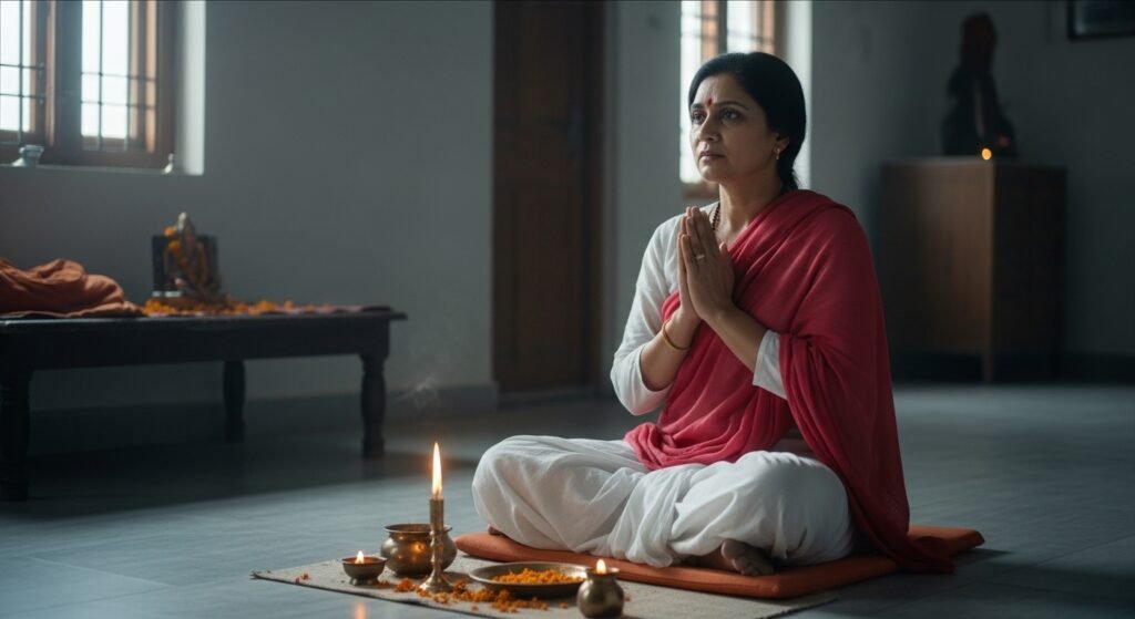 A restrained cinematic scene exploring the quiet gap many feel within traditional devotional practice.

An Indian human subject is shown in calm stillness after devotion — posture upright, hands relaxed, expression thoughtful rather than emotional.

The environment subtly references tradition without emphasis:
soft ambient light, simple surroundings, no dramatic religious imagery.
The setting feels respectful, familiar, and culturally grounded.

Despite external calm, a sense of inner incompletion is visible — not sadness, not rebellion, but unanswered presence.

The subject’s gaze is inward, reflective, suggesting a question rather than a conclusion.

Light is steady but neutral — not transformative yet — indicating that devotion is sincere, but awareness has not fully engaged.

No struggle is shown.
No rejection of Bhakti.
Only a subtle psychological pause — “Is this all?”

The background remains quiet and stable, but spaciousness is limited, hinting at constrained inner freedom.

Healing has begun, but clarity feels partial.

Color palette remains muted and realistic — soft earth tones, gentle greys, natural light — avoiding drama or symbolism.

Camera language is observational and respectful, maintaining emotional neutrality and intellectual honesty.

Ultra-realistic textures, controlled contrast, subtle volumetric light, fine cinematic film grain.

The image communicates that for many today, traditional Bhakti still offers comfort and meaning — yet feels incomplete without conscious awareness, psychological integration, and direct inner experience.

ARRI Alexa cinematic look, anamorphic depth characteristics, 8K resolution, premium realism, modern spiritual documentary style.