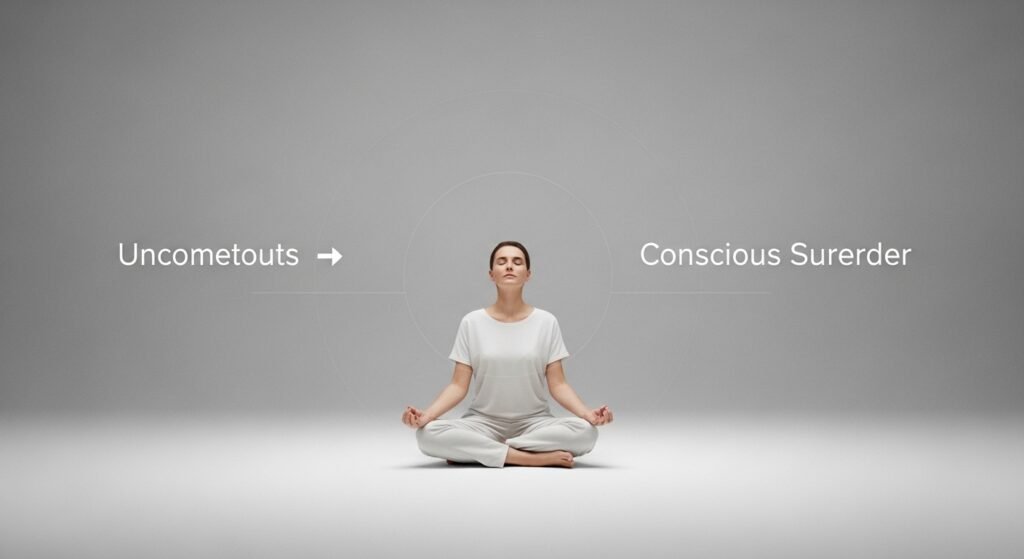A minimalist cinematic scene illustrating the shift from unconscious surrender to conscious surrender.
A single human subject is shown in composed stillness — upright posture, relaxed body, alert yet calm presence.
The eyes are gently open or softly focused, indicating awareness rather than withdrawal.
The environment is abstract and timeless, free from cultural or religious markers — representing inner psychological space.
Light is even, stable, and neutral — not dramatic, not symbolic — suggesting consciousness itself rather than an external force.
Conscious surrender is expressed through clarity:
the body is relaxed but grounded, the breath effortless, the face neutral and present.
There is no collapse, no submission, no emotional release — only alignment.
Subtle spatial expansion occurs around the subject, creating a sense of inner freedom and increased capacity.
Any prior resistance or conditioning is implied through faint shadow textures that soften and lose dominance without being forced away.
The mind is not silenced; it is no longer central.
Awareness becomes primary.
Color palette remains professional and restrained — soft greys, muted whites, balanced earth tones, gentle highlights.
Camera language is observational and steady, emphasizing stability rather than transformation spectacle.
Ultra-realistic textures, controlled contrast, subtle volumetric light, fine cinematic film grain.
The image communicates that when surrender becomes conscious, control is replaced by clarity, effort by intelligence, and inner conflict by cooperation.
ARRI Alexa cinematic look, anamorphic depth characteristics, 8K resolution, premium realism, intellectual spirituality, documentary-quality composition.